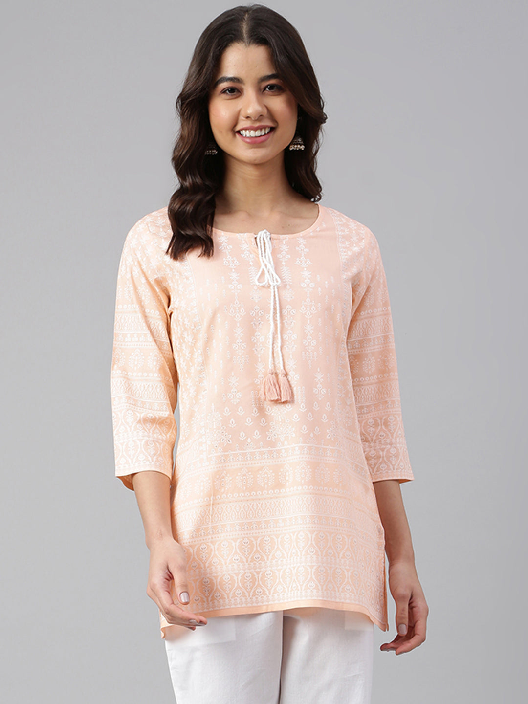 Janasya Women's Peach Cotton Ethnic Motifs Straight Tunic - Distacart