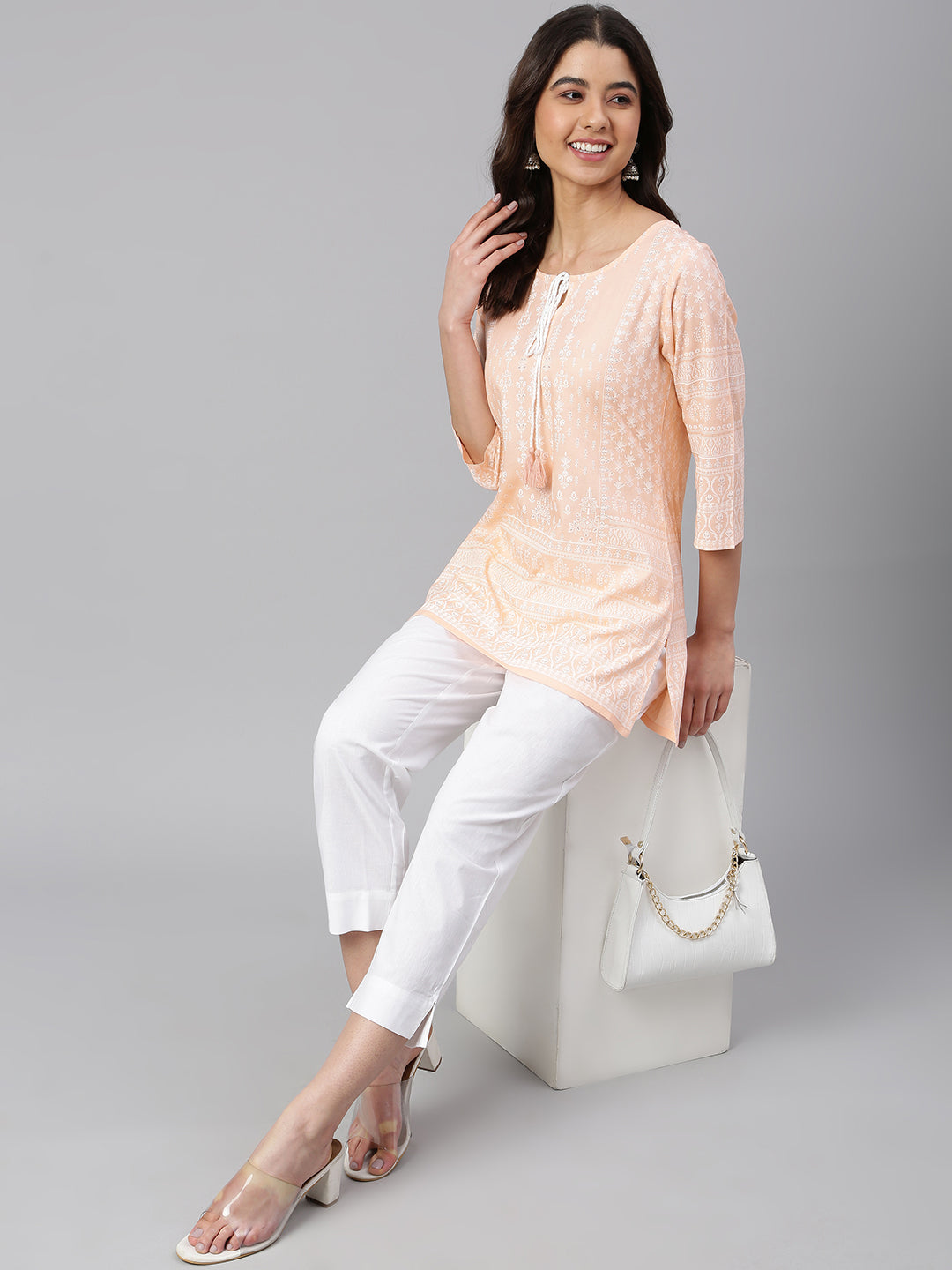 Janasya Women's Peach Cotton Ethnic Motifs Straight Tunic - Distacart