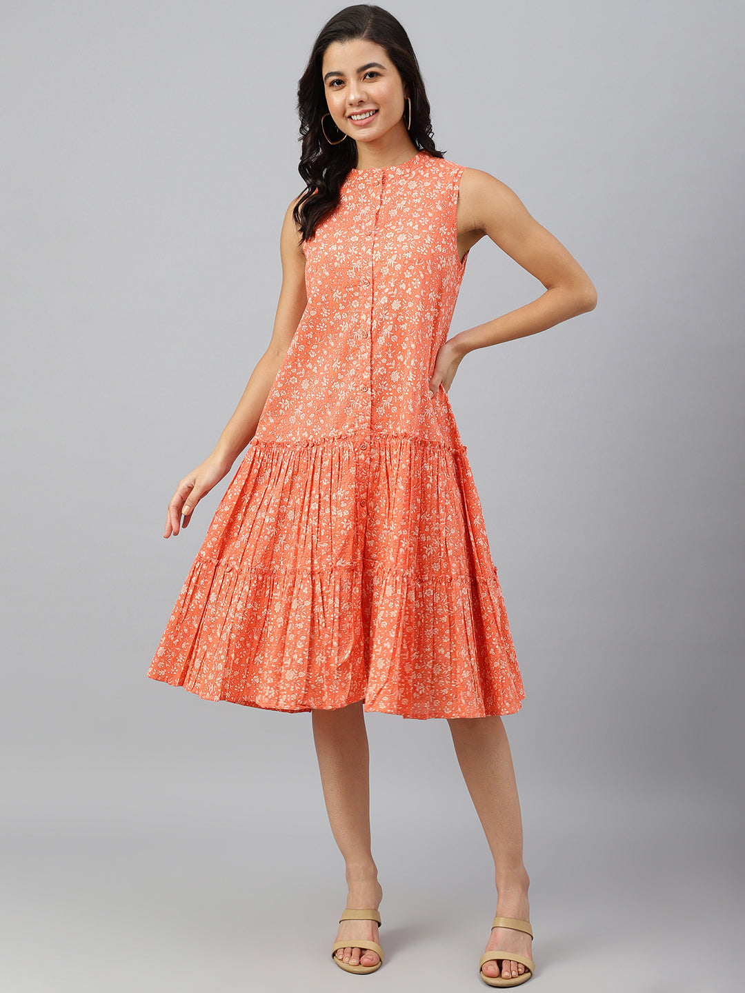 Janasya Women's Peach Cotton Floral Printed Flared Western Dress - Distacart