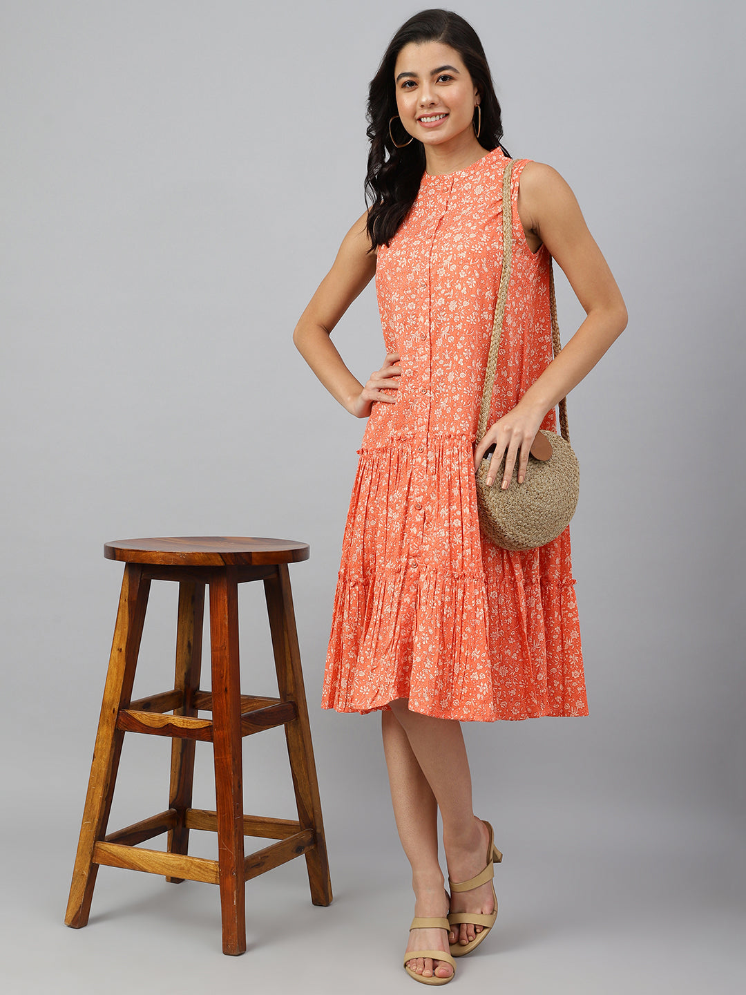 Janasya Women's Peach Cotton Floral Printed Flared Western Dress - Distacart