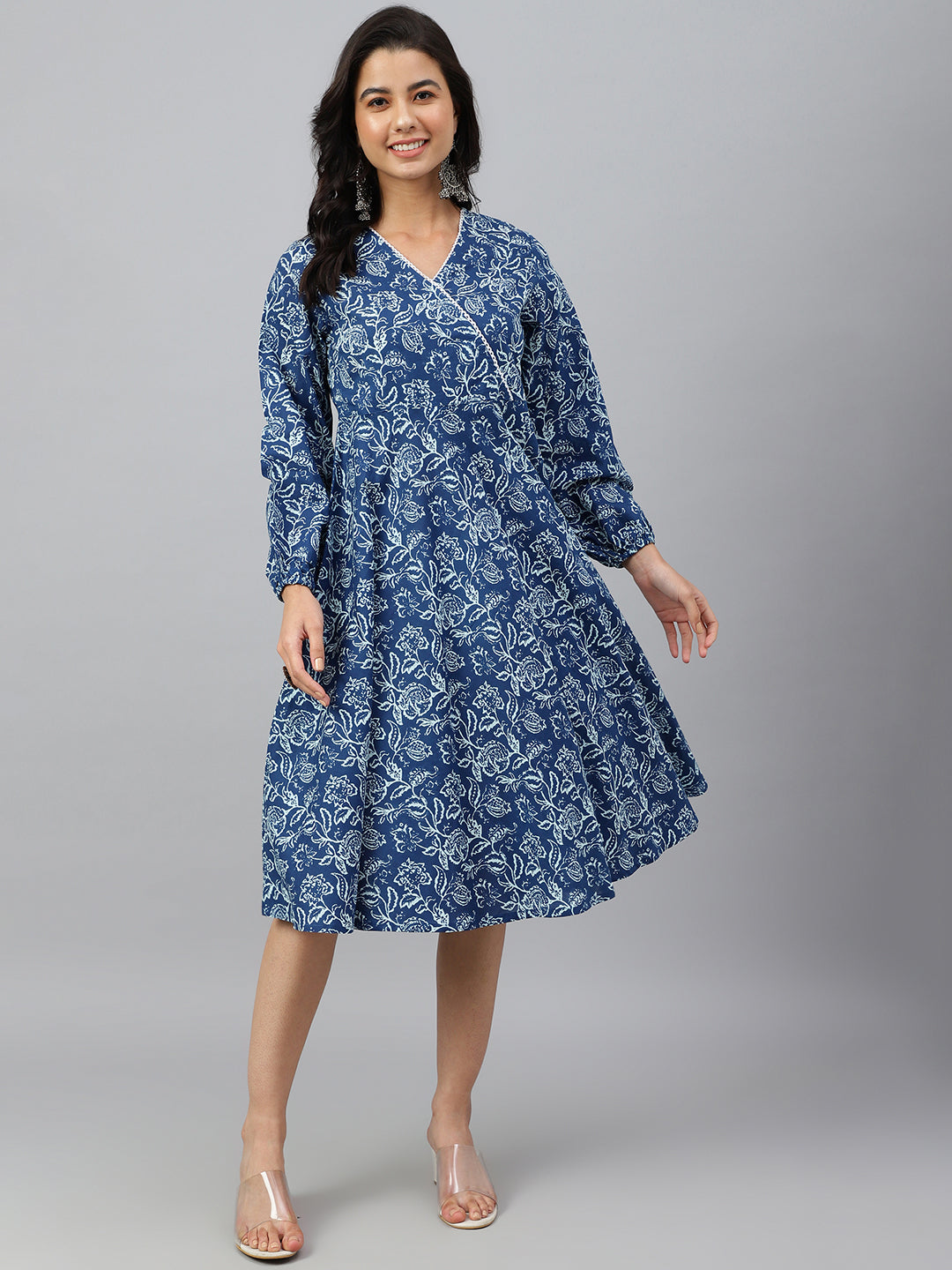 Janasya Women's Navy Blue Cotton Floral Printed Angrakha Western Dress - Distacart