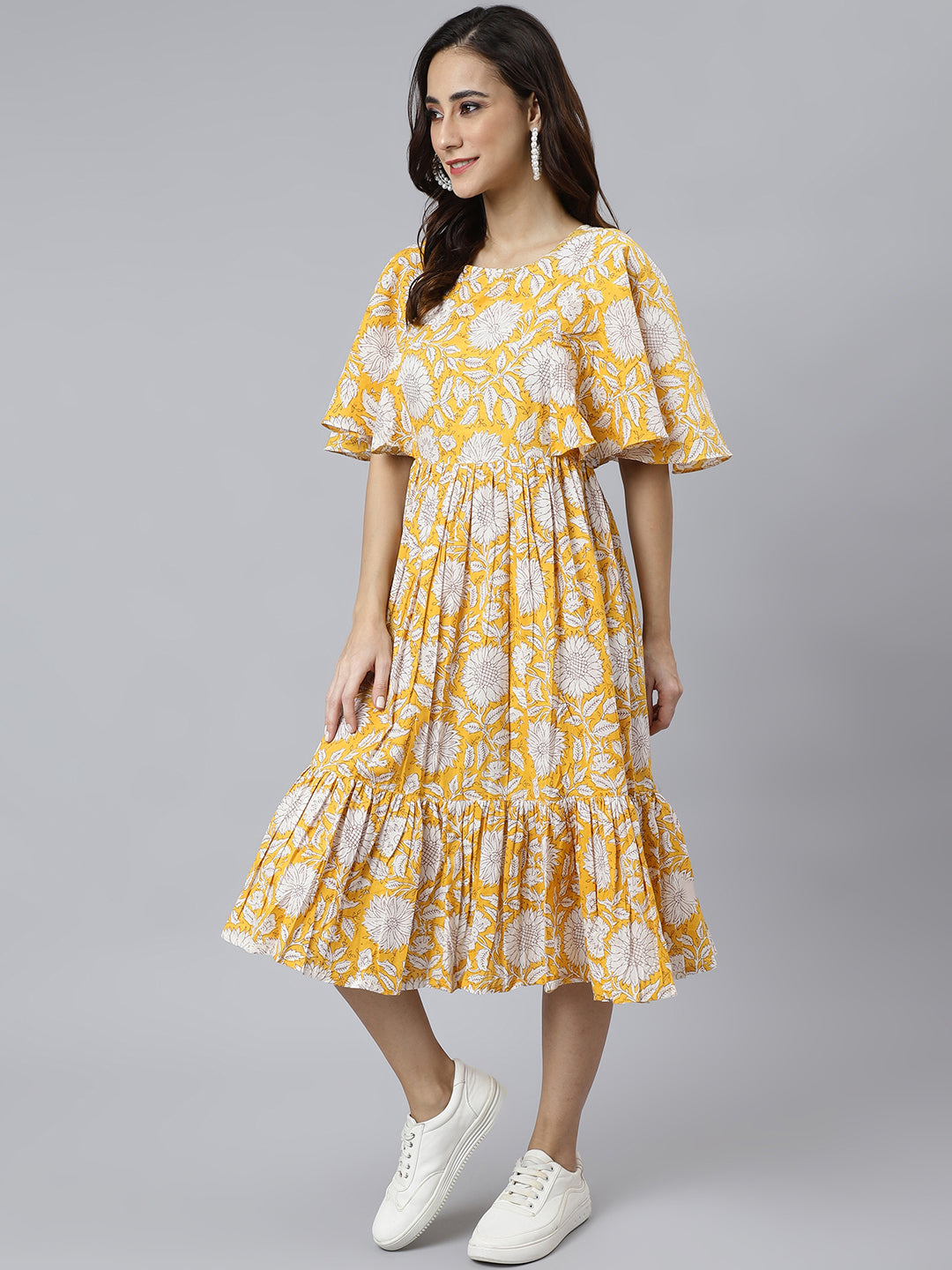 Janasya Women's Yellow Cotton Floral Printed Flared Western Dress - Distacart