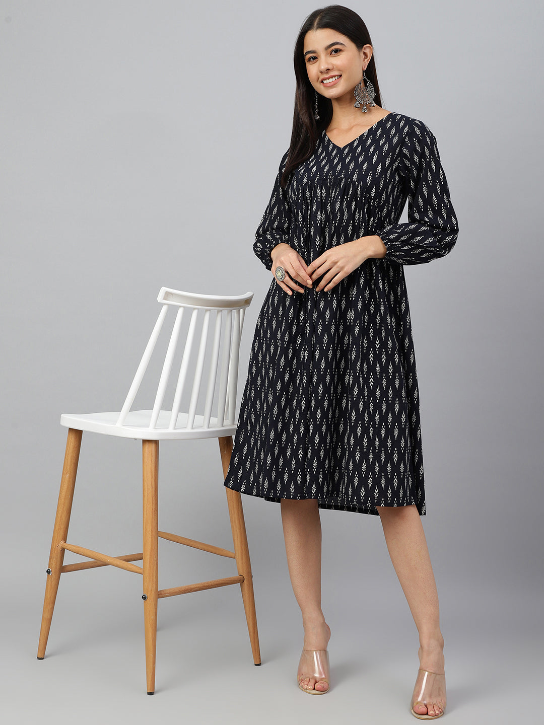 Janasya Women's Black Cotton Printed A-line Western Dress - Distacart