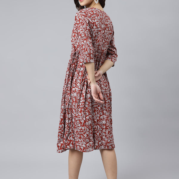 Janasya Women's Maroon Cotton Floral Printed Angrakha Western Dress - Distacart