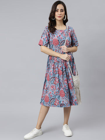 Janasya Women's Sky Blue Cotton Floral Printed Flared Western Dress - Distacart