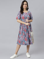 Thumbnail for Janasya Women's Sky Blue Cotton Floral Printed Flared Western Dress - Distacart
