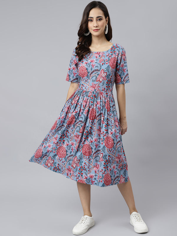 Janasya Women's Sky Blue Cotton Floral Printed Flared Western Dress - Distacart