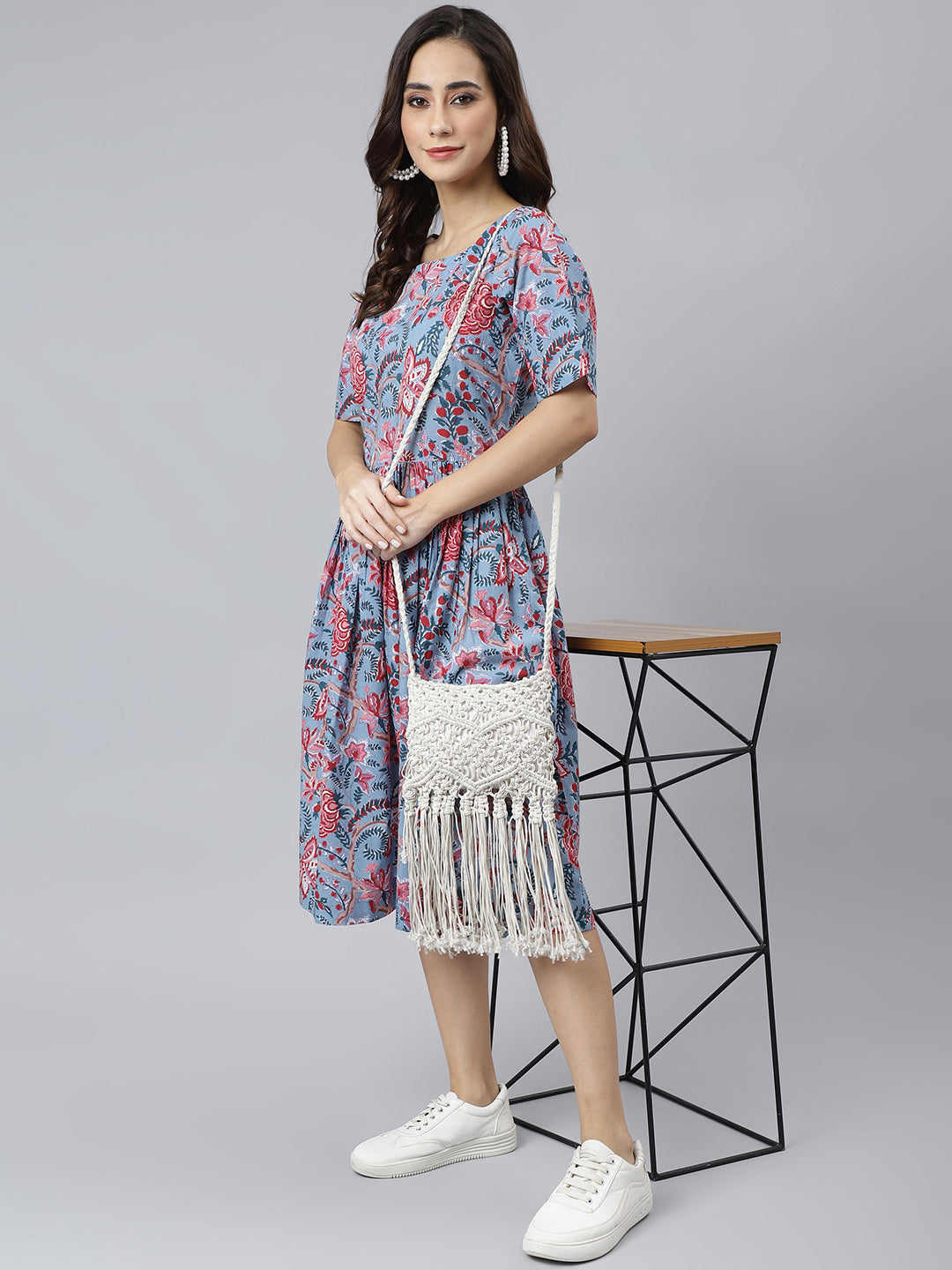 Janasya Women's Sky Blue Cotton Floral Printed Flared Western Dress - Distacart