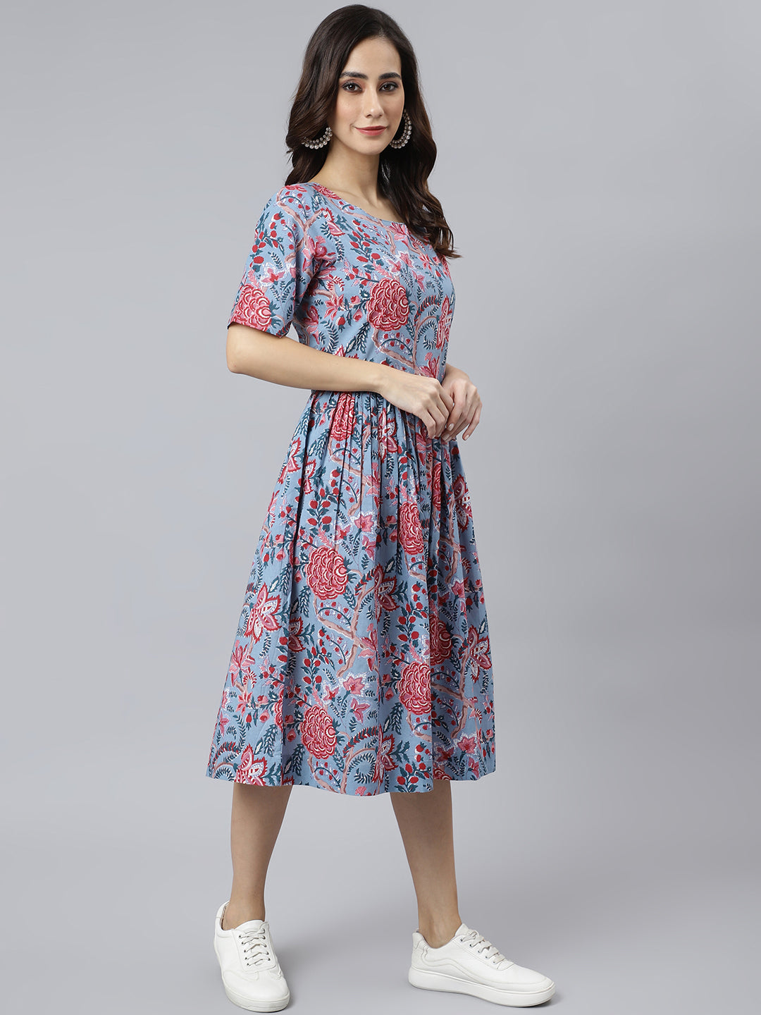 Janasya Women's Sky Blue Cotton Floral Printed Flared Western Dress - Distacart
