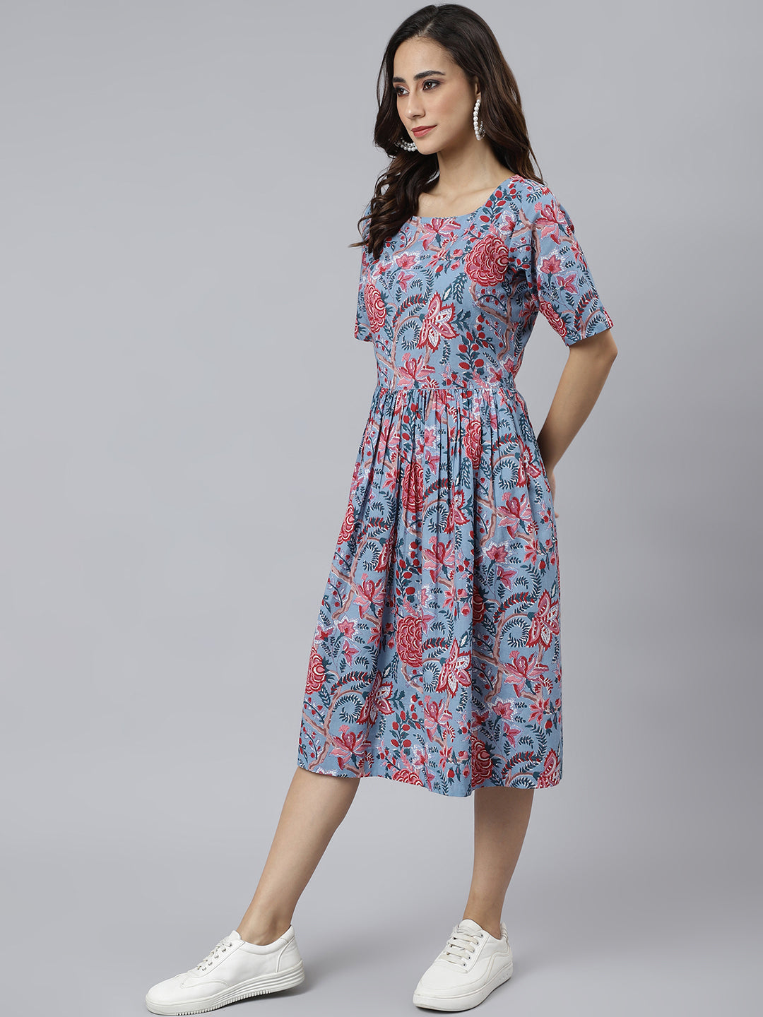 Janasya Women's Sky Blue Cotton Floral Printed Flared Western Dress - Distacart