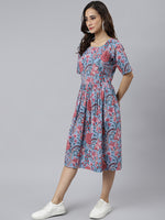 Thumbnail for Janasya Women's Sky Blue Cotton Floral Printed Flared Western Dress - Distacart