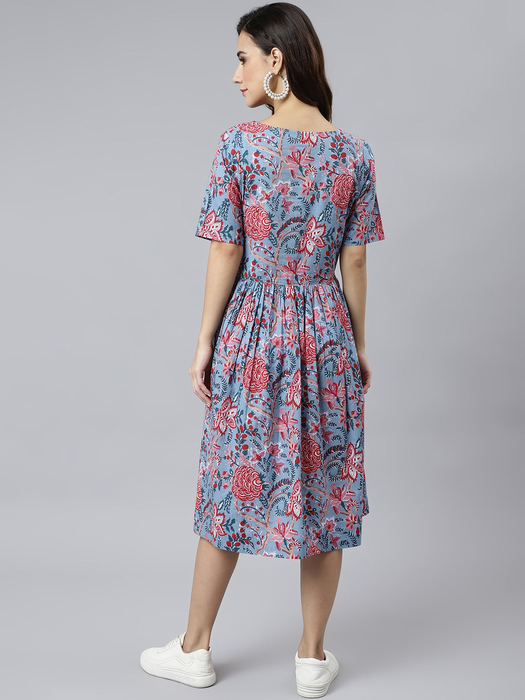 Janasya Women's Sky Blue Cotton Floral Printed Flared Western Dress - Distacart