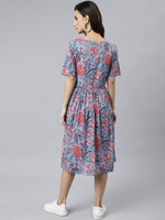 Thumbnail for Janasya Women's Sky Blue Cotton Floral Printed Flared Western Dress - Distacart