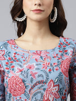Thumbnail for Janasya Women's Sky Blue Cotton Floral Printed Flared Western Dress - Distacart