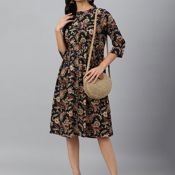 Janasya Women's Black Cotton Floral Printed Flared Western Dress - Distacart