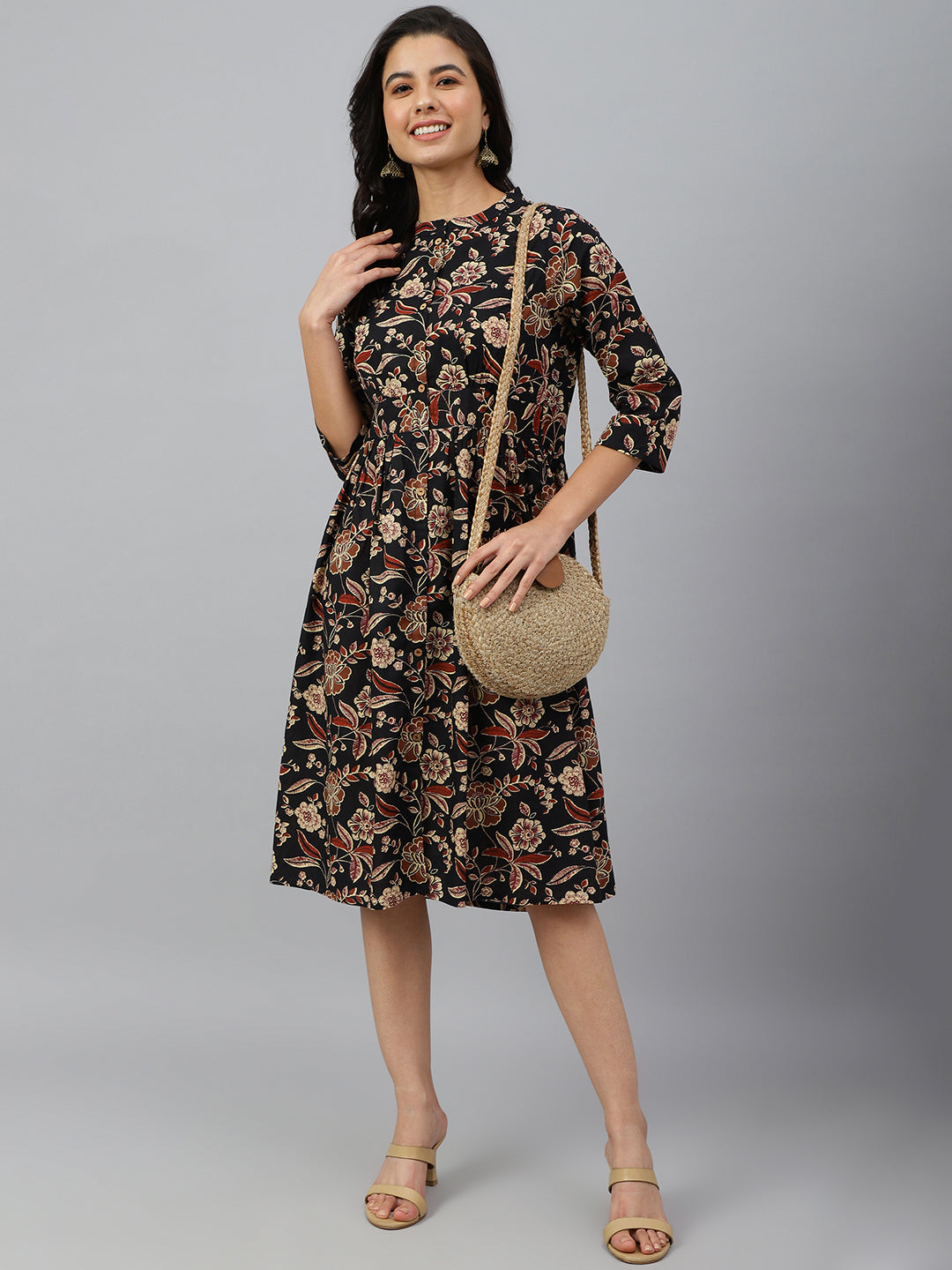 Janasya Women's Black Cotton Floral Printed Flared Western Dress - Distacart
