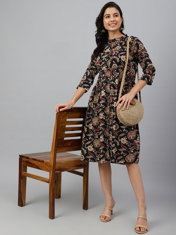 Janasya Women's Black Cotton Floral Printed Flared Western Dress - Distacart