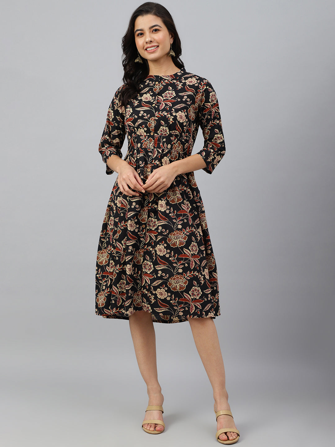 Janasya Women's Black Cotton Floral Printed Flared Western Dress - Distacart