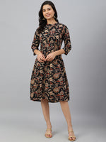 Thumbnail for Janasya Women's Black Cotton Floral Printed Flared Western Dress - Distacart