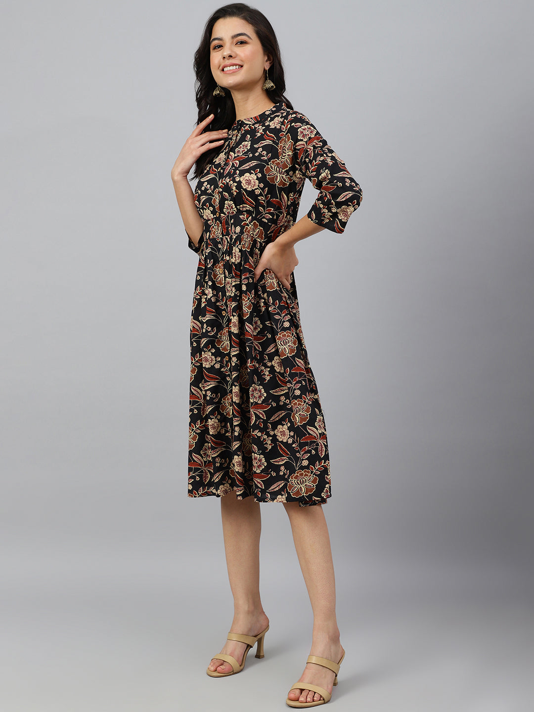 Janasya Women's Black Cotton Floral Printed Flared Western Dress - Distacart