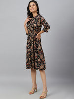 Thumbnail for Janasya Women's Black Cotton Floral Printed Flared Western Dress - Distacart