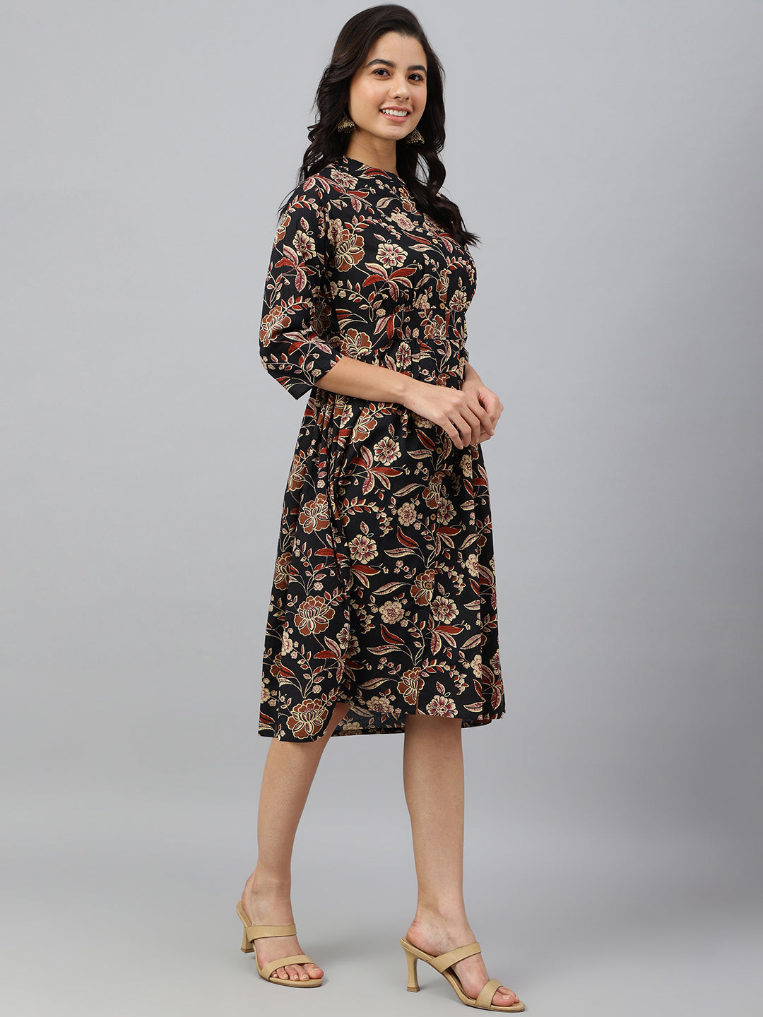 Janasya Women's Black Cotton Floral Printed Flared Western Dress - Distacart