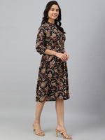 Thumbnail for Janasya Women's Black Cotton Floral Printed Flared Western Dress - Distacart