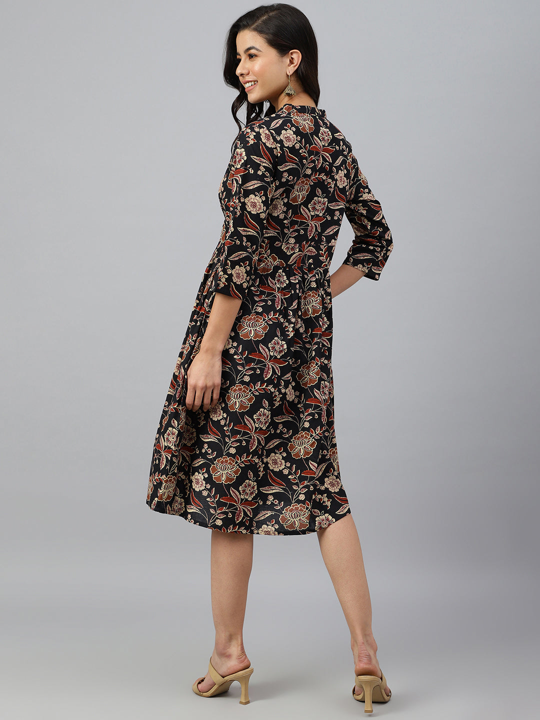 Janasya Women's Black Cotton Floral Printed Flared Western Dress - Distacart