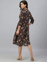 Thumbnail for Janasya Women's Black Cotton Floral Printed Flared Western Dress - Distacart