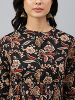 Thumbnail for Janasya Women's Black Cotton Floral Printed Flared Western Dress - Distacart