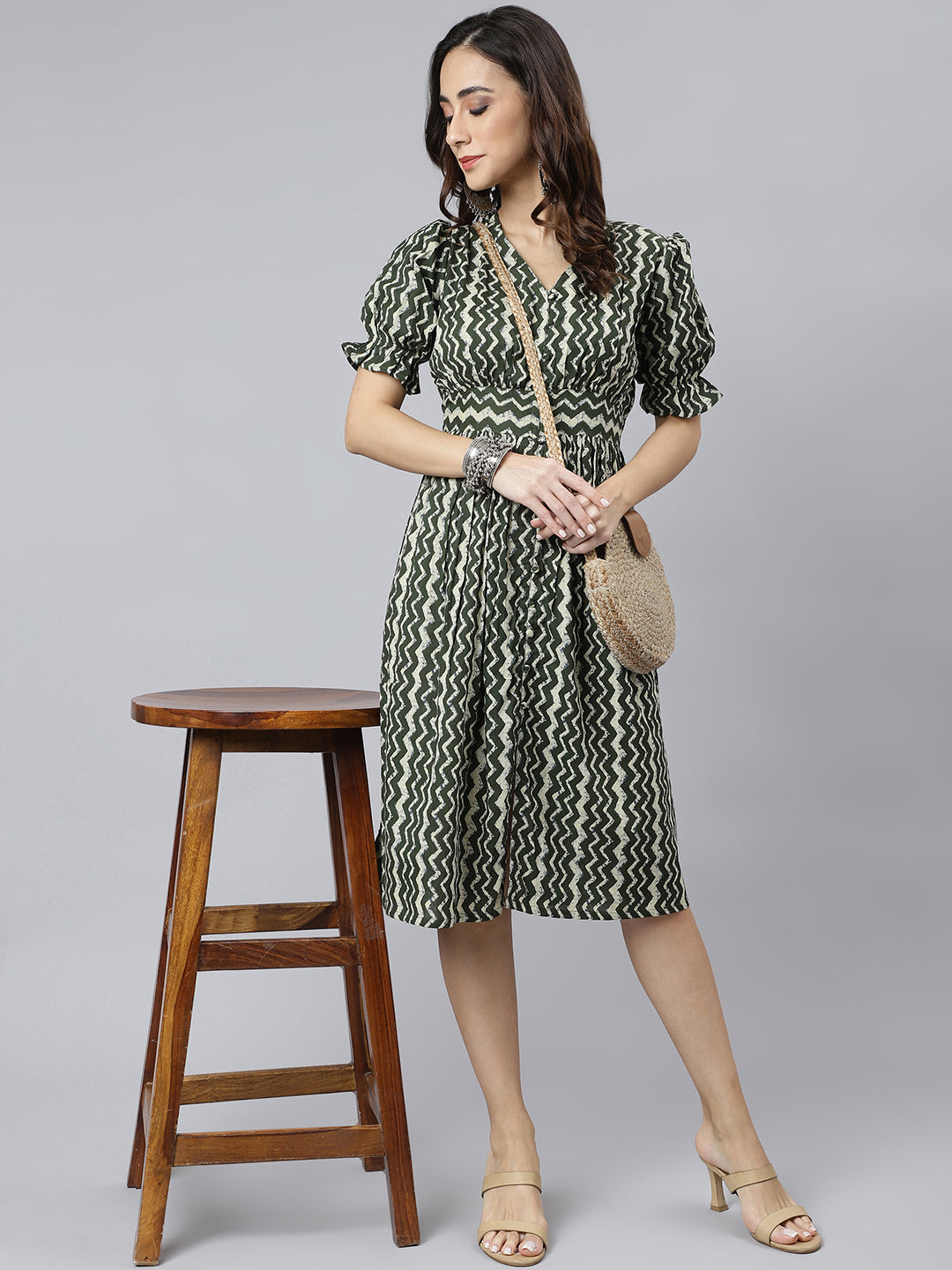 Janasya Women's Olive Cotton Chevron Printed A-line Western Dress - Distacart