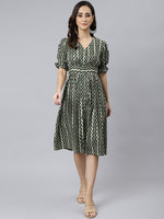 Thumbnail for Janasya Women's Olive Cotton Chevron Printed A-line Western Dress - Distacart