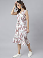 Thumbnail for Janasya Women's White Cotton Ethnic Motifs Flared Western Dress - Distacart