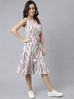 Thumbnail for Janasya Women's White Cotton Ethnic Motifs Flared Western Dress - Distacart