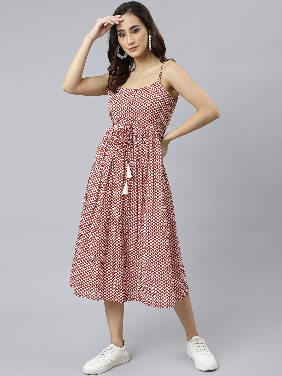 Janasya Women's Red Cotton Shapes Print Flared Western Dress - Distacart