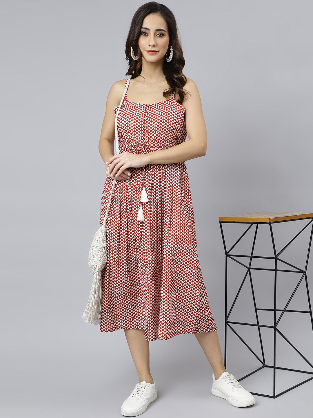 Janasya Women's Red Cotton Shapes Print Flared Western Dress - Distacart