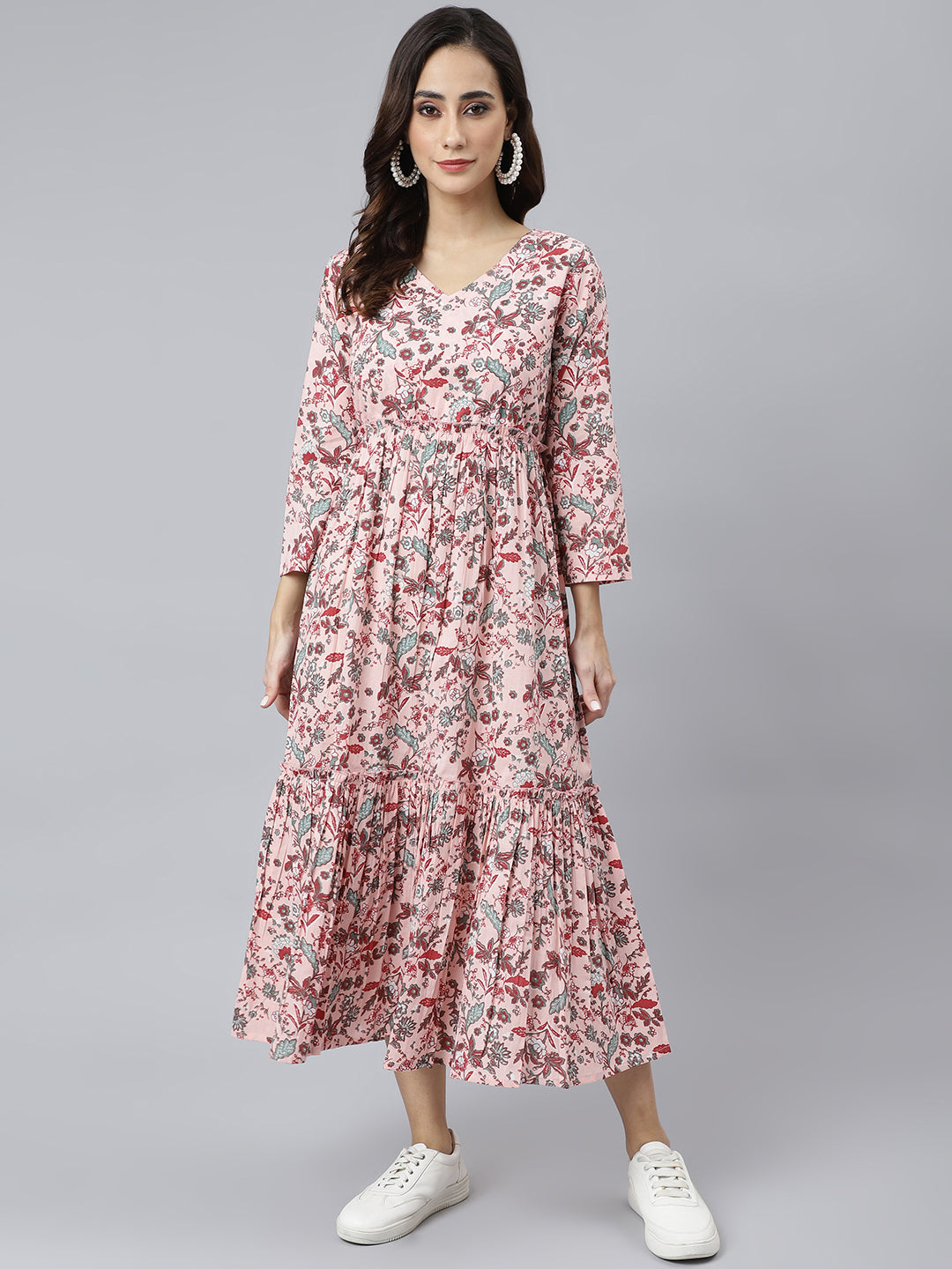 Janasya Women's Peach Cotton Floral Printed Casual Flared kurta - Distacart
