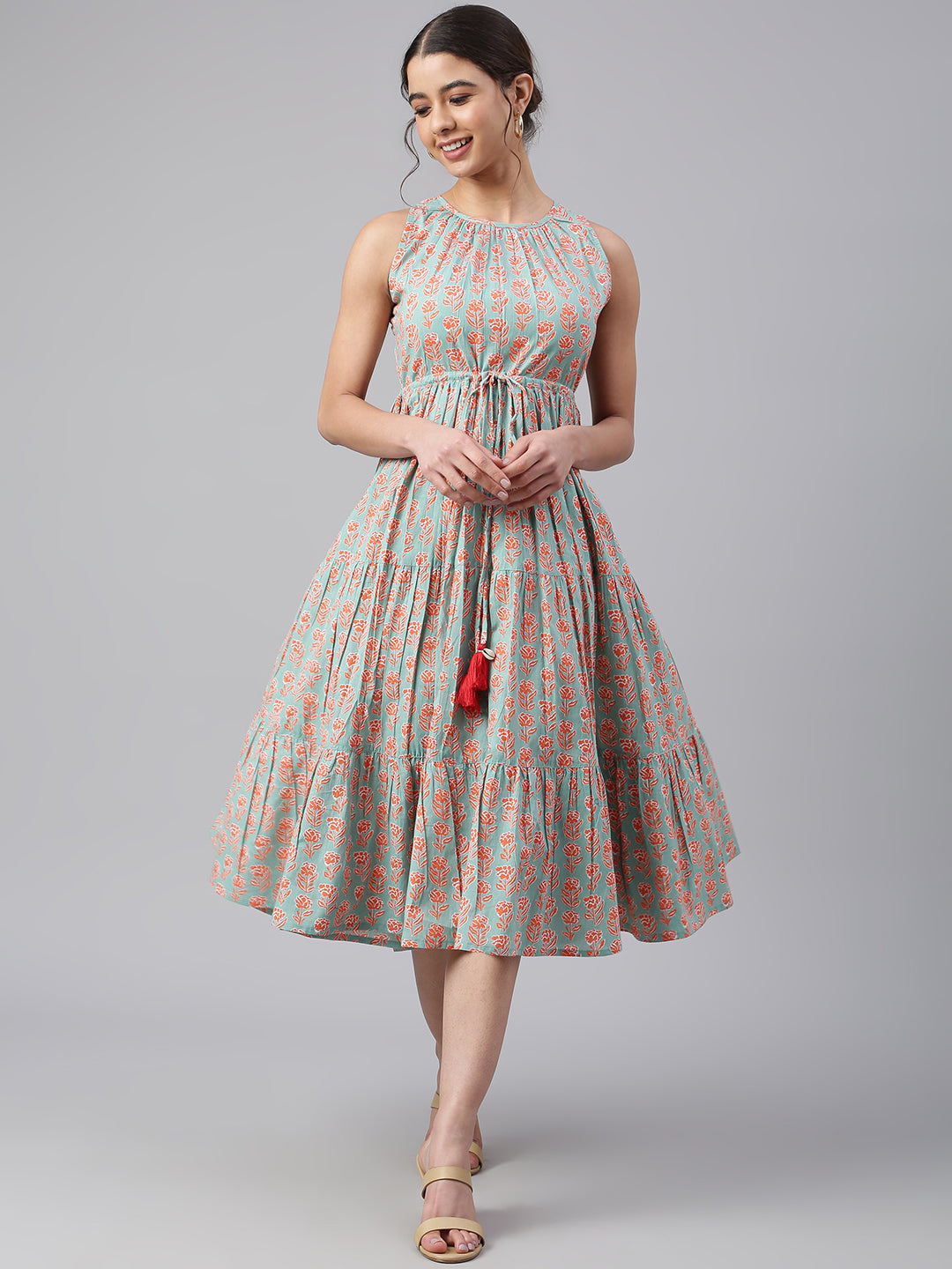 Janasya Women's Mint Green Cotton Floral Printed Tiered Western Dress - Distacart