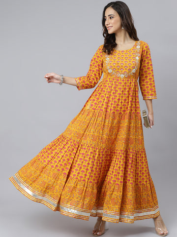 Janasya Women's Mustard Cotton Floral Print Flared Kurta - Distacart