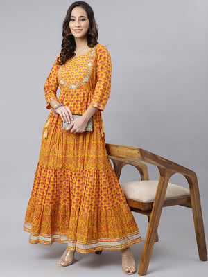 Janasya Women's Mustard Cotton Floral Print Flared Kurta - Distacart