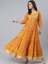 Thumbnail for Janasya Women's Mustard Cotton Floral Print Flared Kurta - Distacart