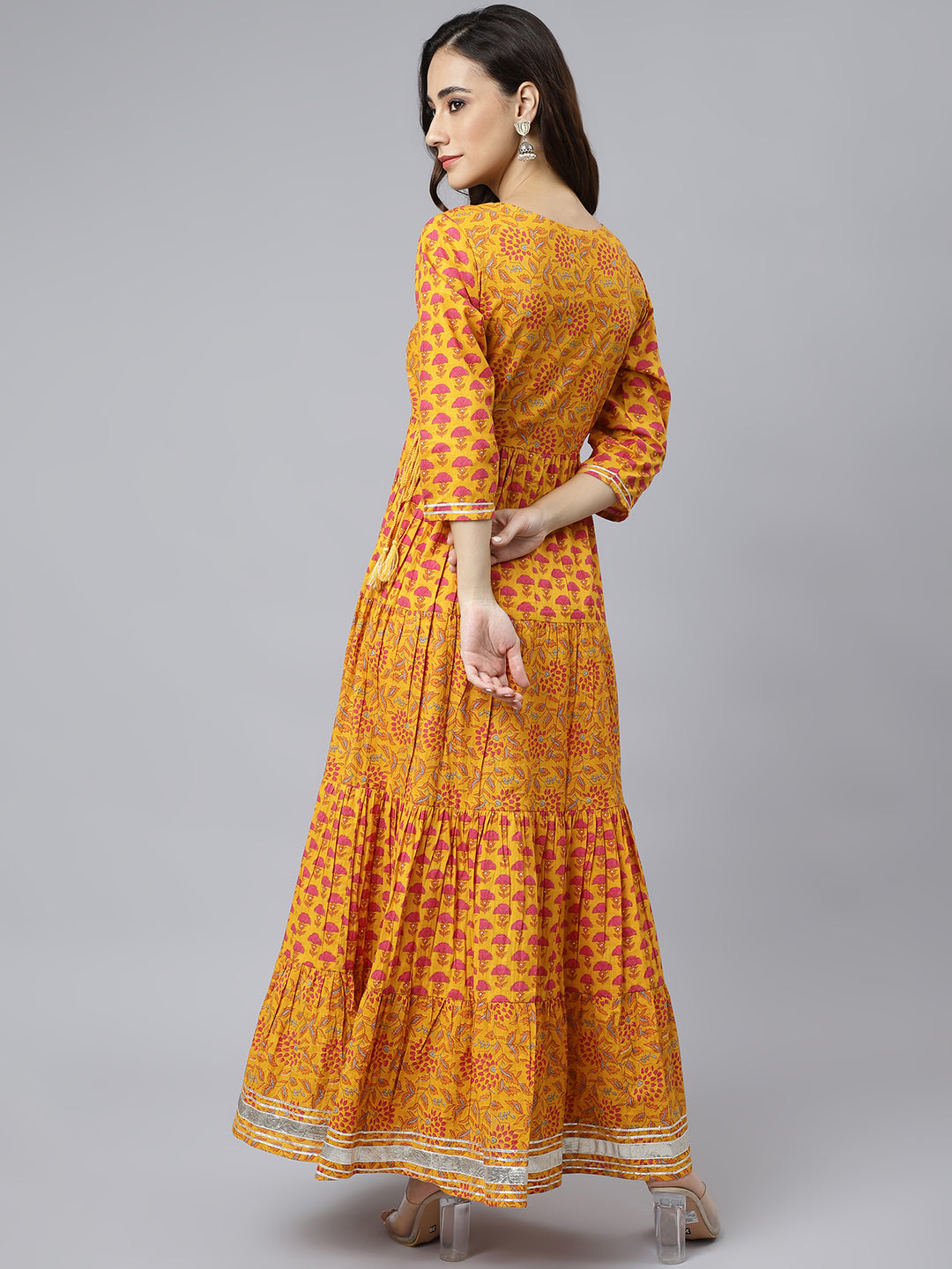 Janasya Women's Mustard Cotton Floral Print Flared Kurta - Distacart