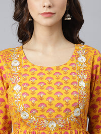 Thumbnail for Janasya Women's Mustard Cotton Floral Print Flared Kurta - Distacart
