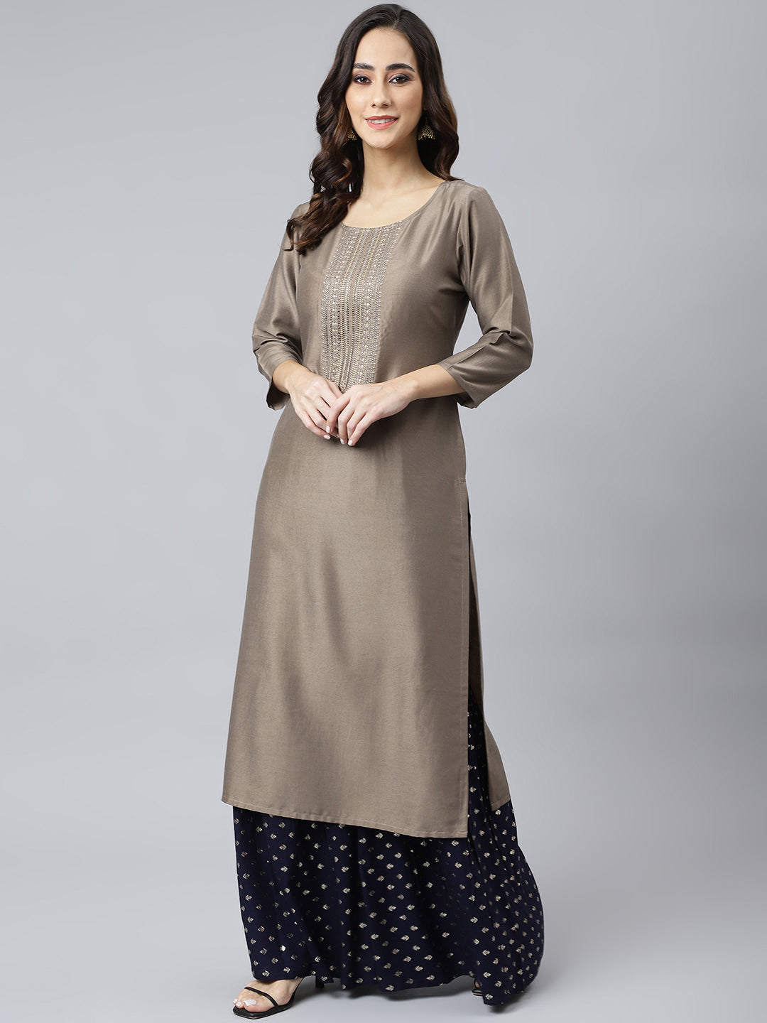 Janasya Women's Taupe Poly Silk Solid Casual Straight kurta - Distacart