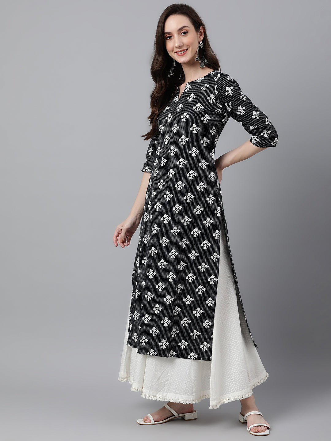 Janasya Women's Black Cotton Floral Printed Casual Straight Kurta - Distacart