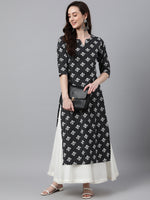 Thumbnail for Janasya Women's Black Cotton Floral Printed Casual Straight Kurta - Distacart