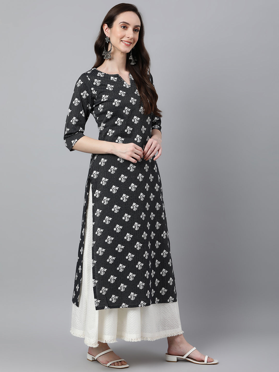 Janasya Women's Black Cotton Floral Printed Casual Straight Kurta - Distacart