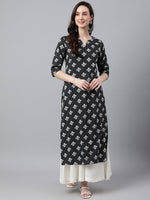 Thumbnail for Janasya Women's Black Cotton Floral Printed Casual Straight Kurta - Distacart