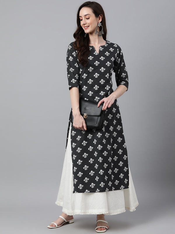 Janasya Women's Black Cotton Floral Printed Casual Straight Kurta - Distacart