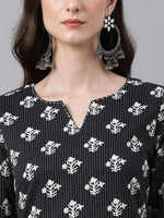 Thumbnail for Janasya Women's Black Cotton Floral Printed Casual Straight Kurta - Distacart